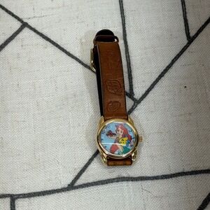 NON-WORKING VTG Timex Disney Little Mermaid Ariel Watch Gold Tone Brown Leather